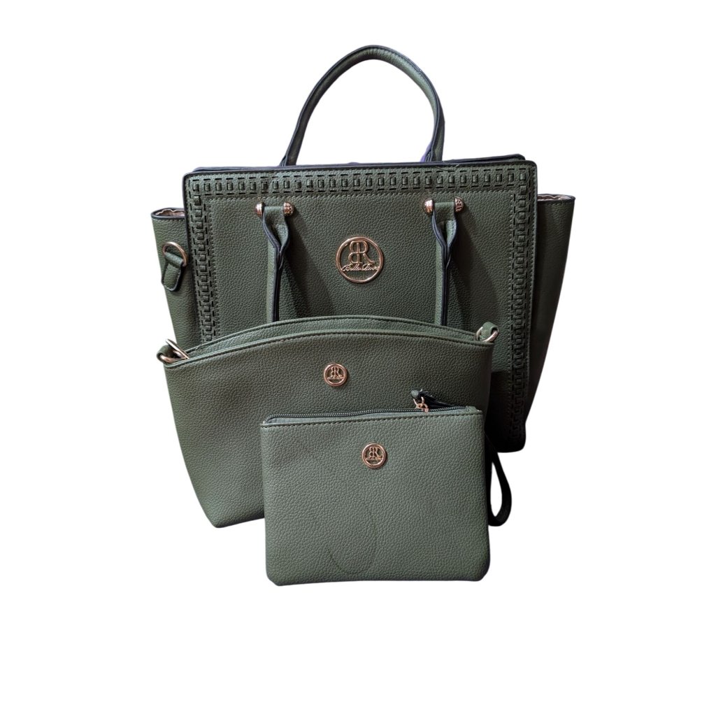 3-Piece Olive Green Tote Bag Purse Makeup Bag & Wristlet Set By Bella Rose Nwot